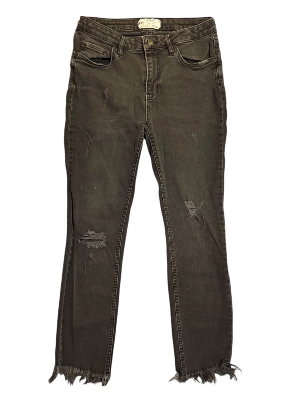 Free People Washed Out Black Distressed Ankle Crop Jeans Raw Frayed Hem